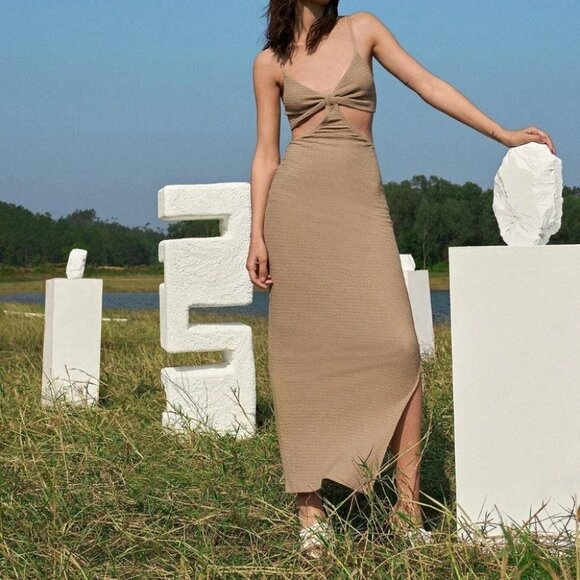KHAKI BODYCON CUT OUT SPLIT MAXI DRESS - Picture 2 of 9